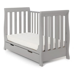 Obaby Stamford Mini Sleigh Cot Bed with SPRUNG Mattress (Warm Grey) - shown here with one side panel removed, can be used as a day or sofa bed