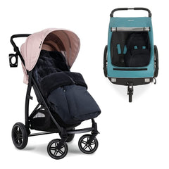 Hauck Winter Footmuff (Black) - showing the footmuff fitted to a pushchair and also to Hauck`s Dryk Duo (pushchair and dryk not included, available separately)