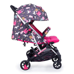 Cosatto Woosh Double Stroller (Unicorn Land) - side view, shown here with the seats fully reclined, the leg rests raised and the hoods extended