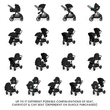 Ickle Bubba VIRGO Twin Travel System - Black - showing the 17 available configurations