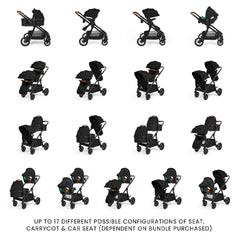Ickle Bubba VIRGO Twin Travel System - Black - showing the 17 available configurations