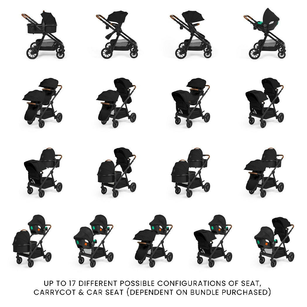 Ickle Bubba VIRGO Growing Family - Travel System - Black - showing 17 different configurations