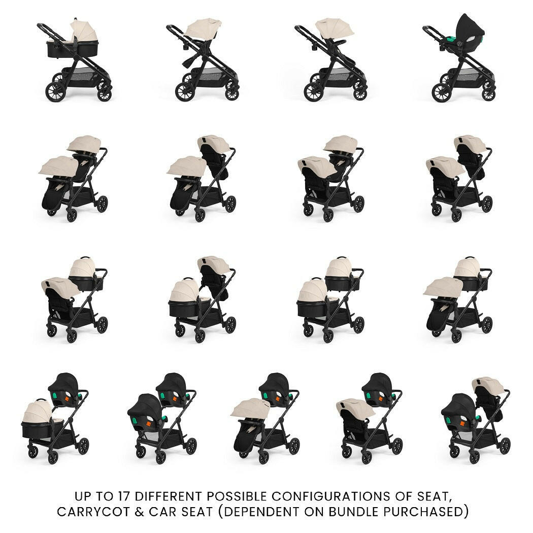 Ickle Bubba VIRGO Growing Family - Travel System - Stone - showing 17 configurations