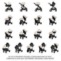 Ickle Bubba VIRGO Twin Travel System - Stone - showing the 17 available configurations