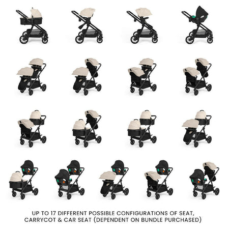 Ickle Bubba VIRGO Twin Pram Pushchair Bundle - Stone, showing the 17 configurations available