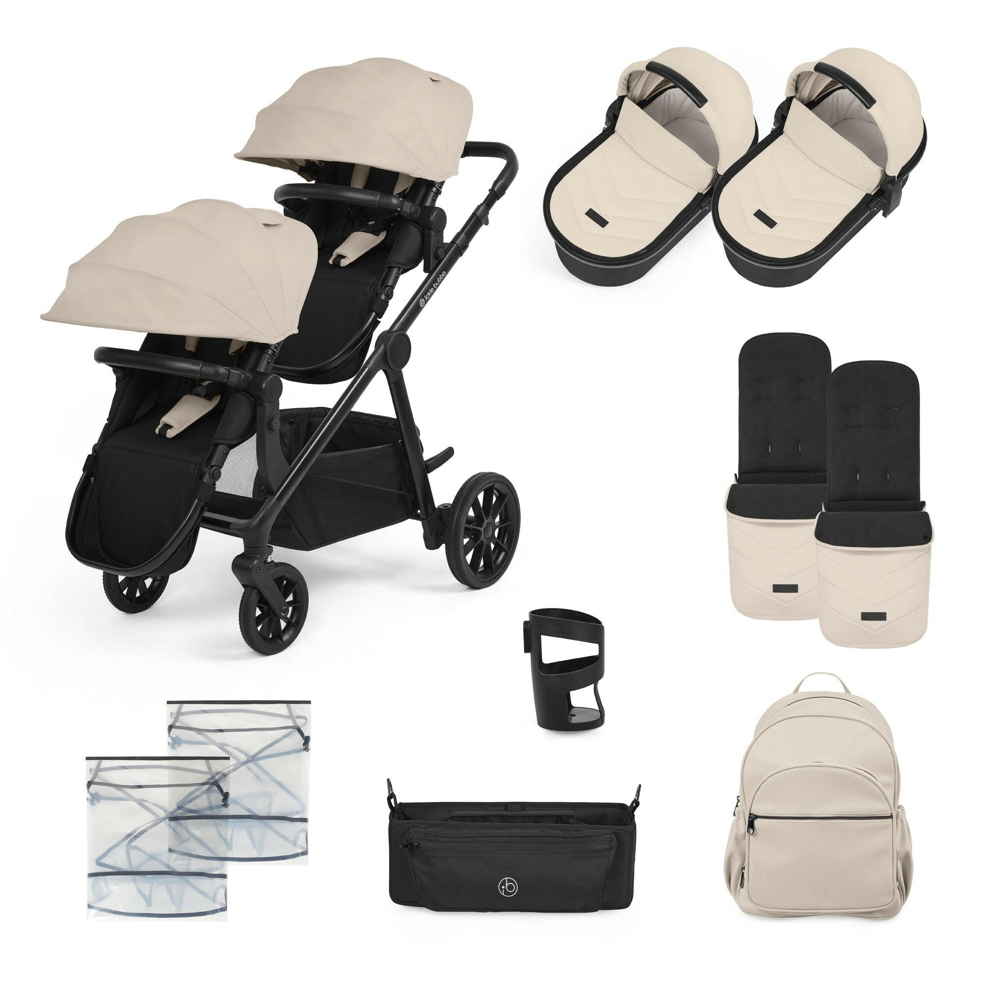 Ickle Bubba VIRGO Twin Pram Pushchair Bundle - Stone, showing the items included in this bundle