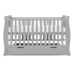 Obaby Stamford Sleigh Cot Bed with Drawer (Warm Grey) - side view, shown here as the cot bed with mattress base raised to its highest level (mattress and bedding not included, available separately)