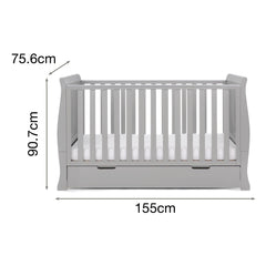 Obaby Stamford Sleigh Cot Bed with Drawer (Warm Grey) - showing the junior bed with its dimensions (mattress and bedding not included)