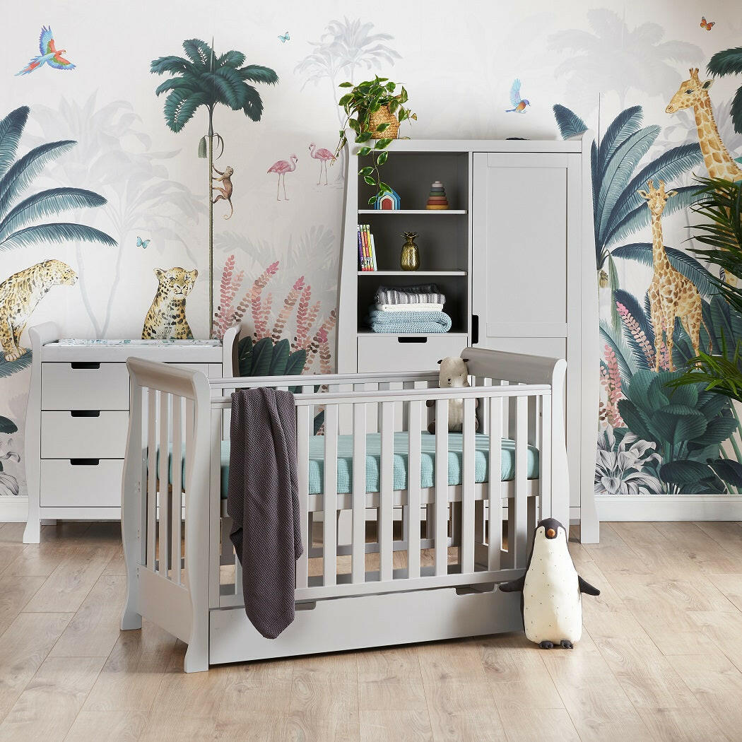 Obaby Stamford Mini Sleigh 3 Piece Room Set (Warm Grey) - lifestyle image (bedding, toys and accessories not included)