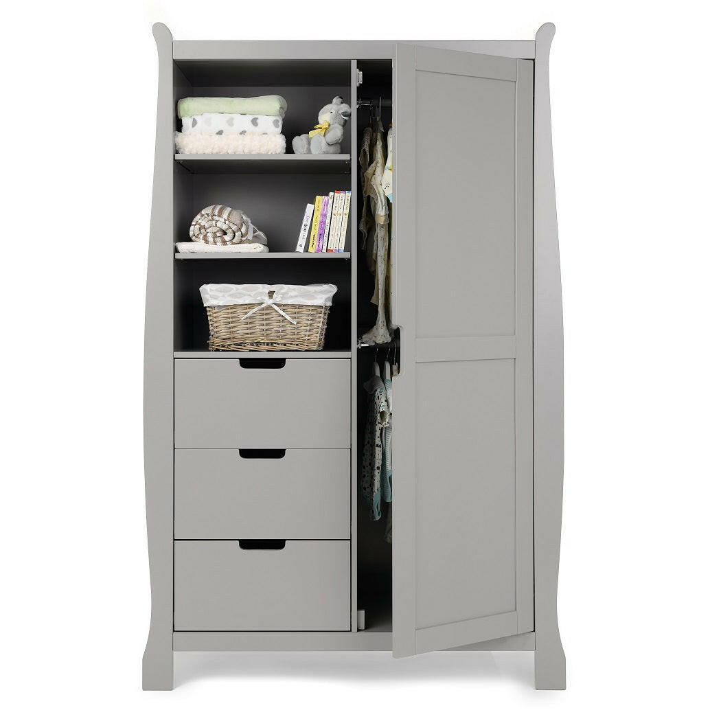 Obaby Stamford Mini Sleigh 3 Piece Room Set (Warm Grey) - showing the wardrobe and its internal hanging rails (clothes and accessories not included)