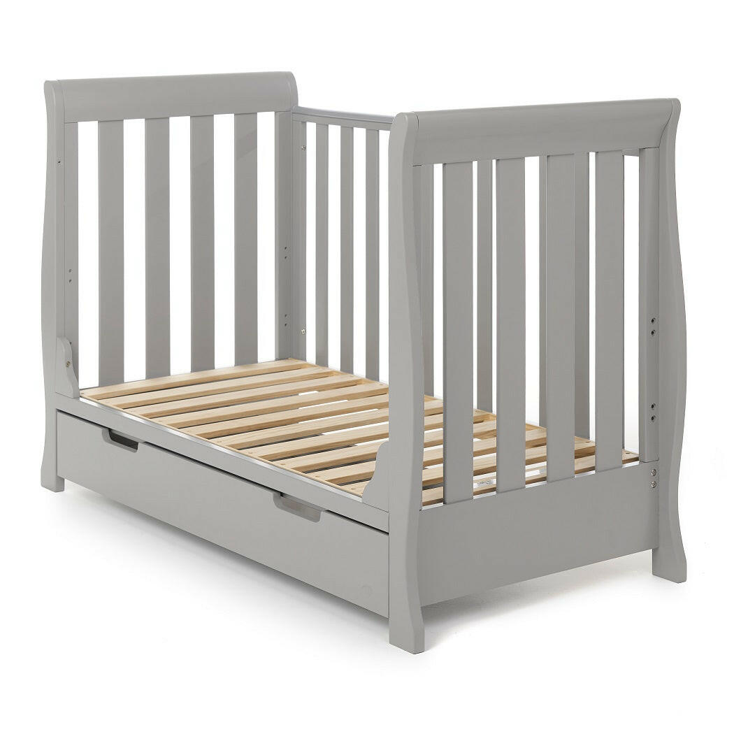 Obaby Stamford MINI Sleigh Cot Bed with Drawer (Warm Grey) - shown here with its side panel removed, the cot bed can then be used as a sofa bed