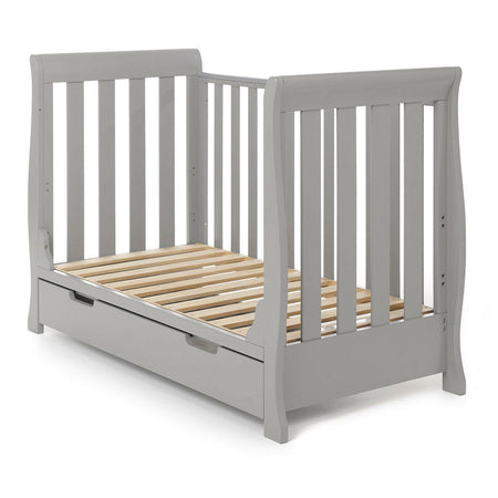 Obaby Stamford MINI Sleigh Cot Bed with Drawer (Warm Grey) - shown here with its side panel removed, the cot bed can then be used as a sofa bed