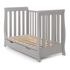 Obaby Stamford MINI Sleigh Cot Bed with Drawer (Warm Grey) - shown here with its side panel removed, the cot bed can then be used as a sofa bed