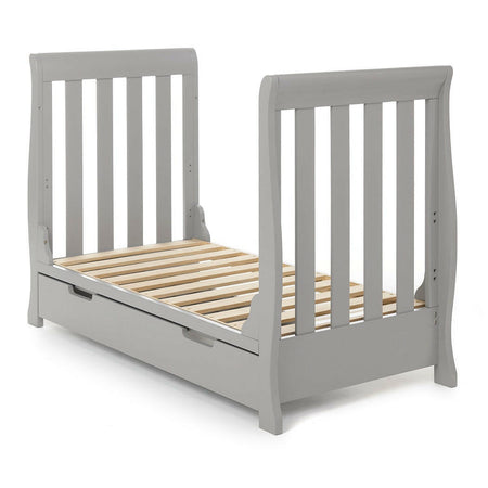 Obaby Stamford MINI Sleigh Cot Bed with Drawer (Warm Grey) - shown here as the junior bed with both side panels removed