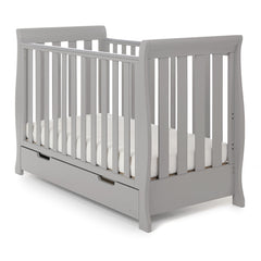 Obaby Stamford MINI Sleigh Cot Bed with Drawer (Warm Grey) - shown here with a mattress (mattress not included, available separately)