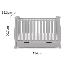Obaby Stamford MINI Sleigh Cot Bed with Drawer (Warm Grey) - shown here with dimensions
