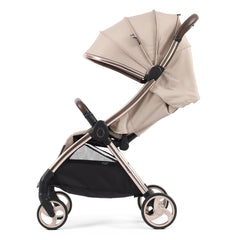 eggZ Stroller (Feather) - side view, showing the stroller with its seat reclined and hood further extended