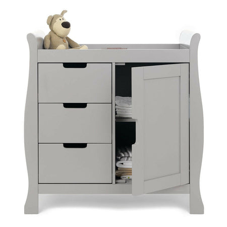 Obaby Stamford Mini Sleigh 2 Piece Room Set (Warm Grey) - showing the changing unit with its door open to reveal the internal shelves (bedding and toys not included)