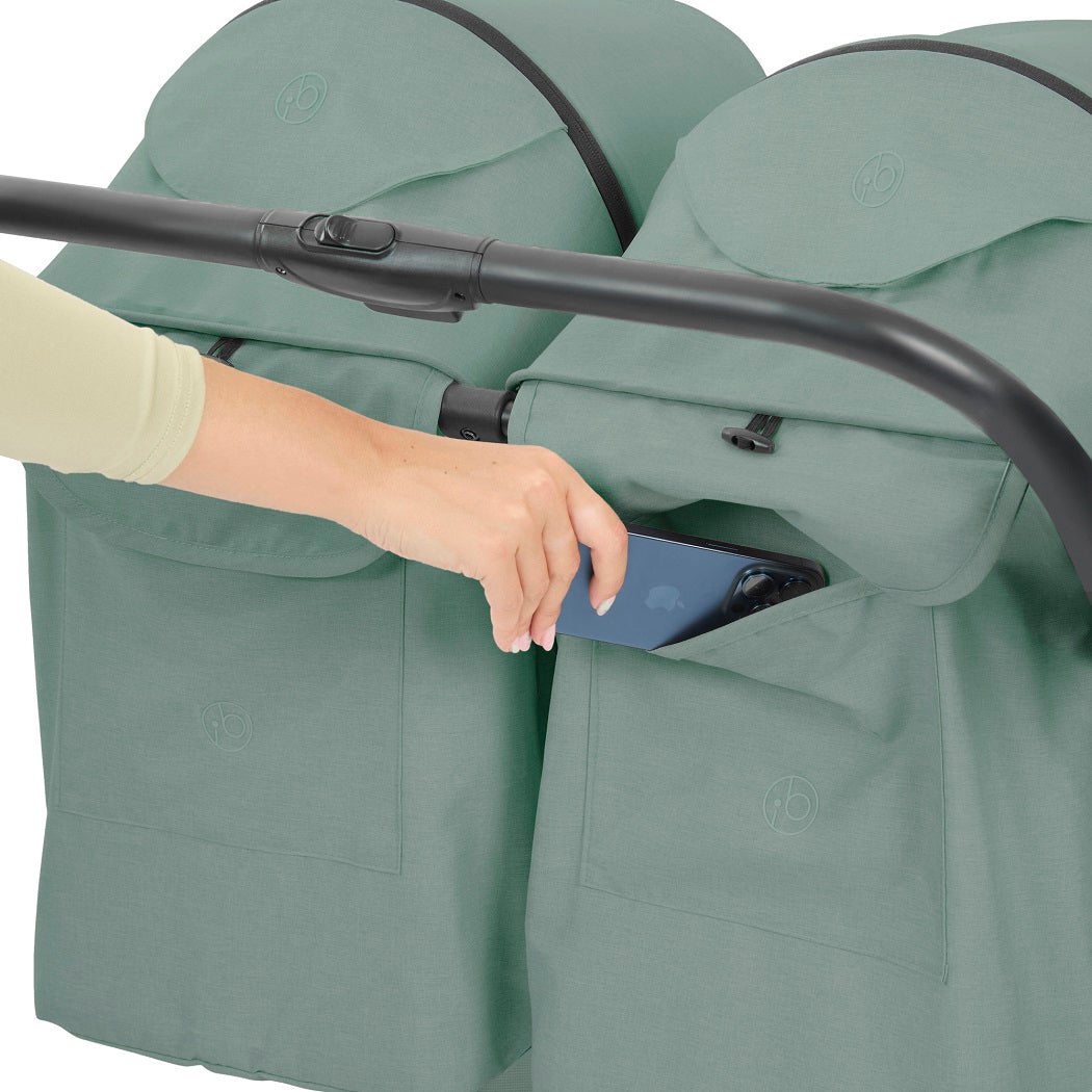 Ickle Bubba Aries Double Auto-Fold Stroller - Sage Green - storage pockets
