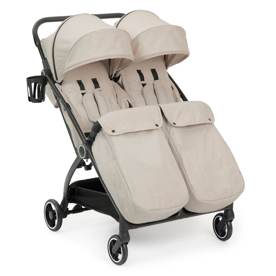 Ickle Bubba Aries Double Prime Auto-Fold Stroller - Stone - with footwarmers