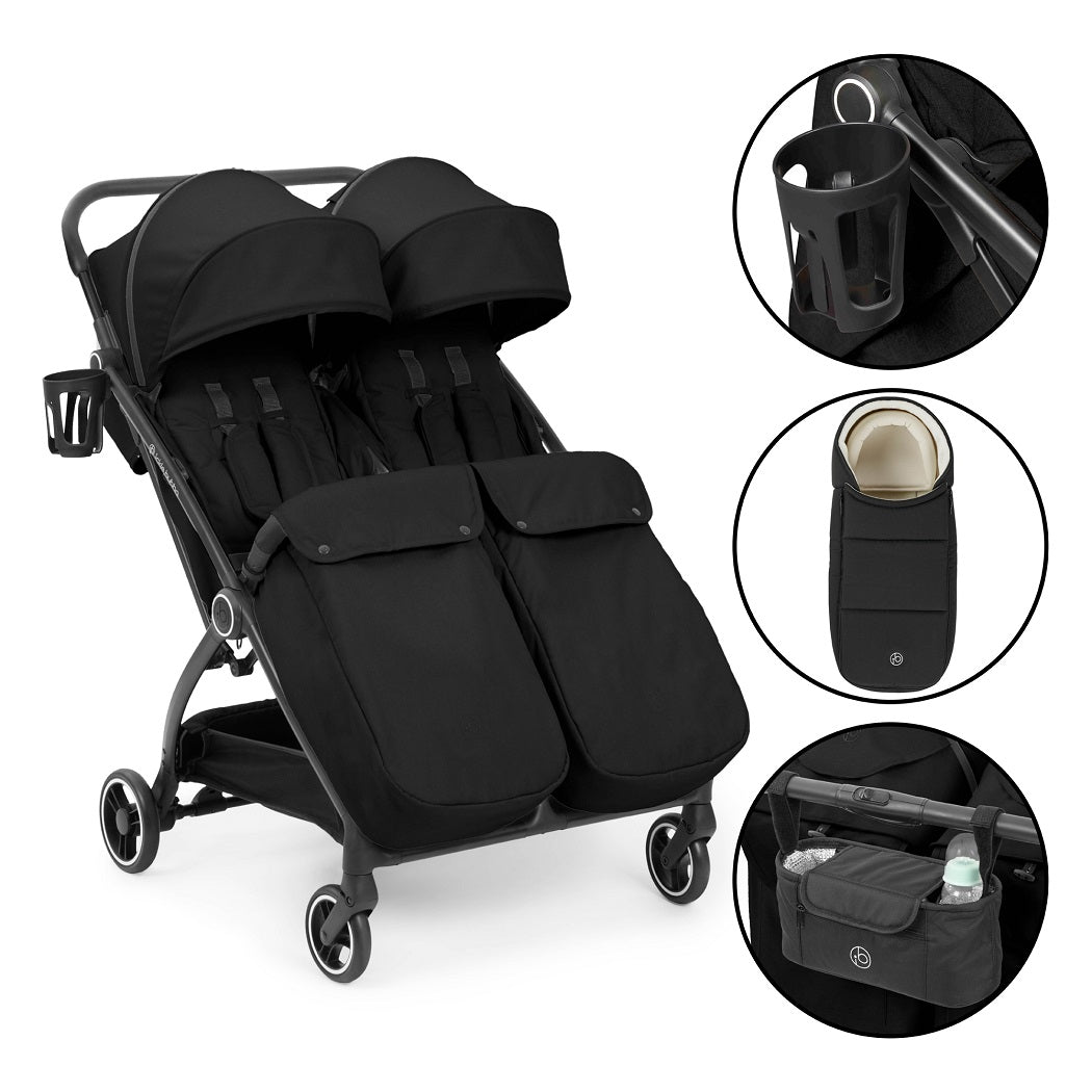 Ickle Bubba Aries Double Prime Auto-Fold Stroller - Black - with included footwarmers, cup holder, cocoon and organiser