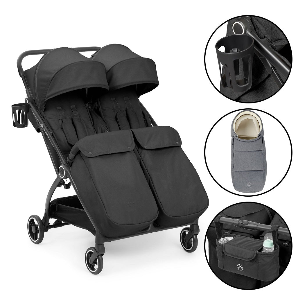 Ickle Bubba Aries Double Prime Auto-Fold Stroller - Graphite Grey - with included footwarmers, cup holder, cocoon and organiser