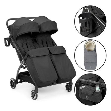Ickle Bubba Aries Double Prime Auto-Fold Stroller - Graphite Grey - with included footwarmers, cup holder, cocoon and organiser