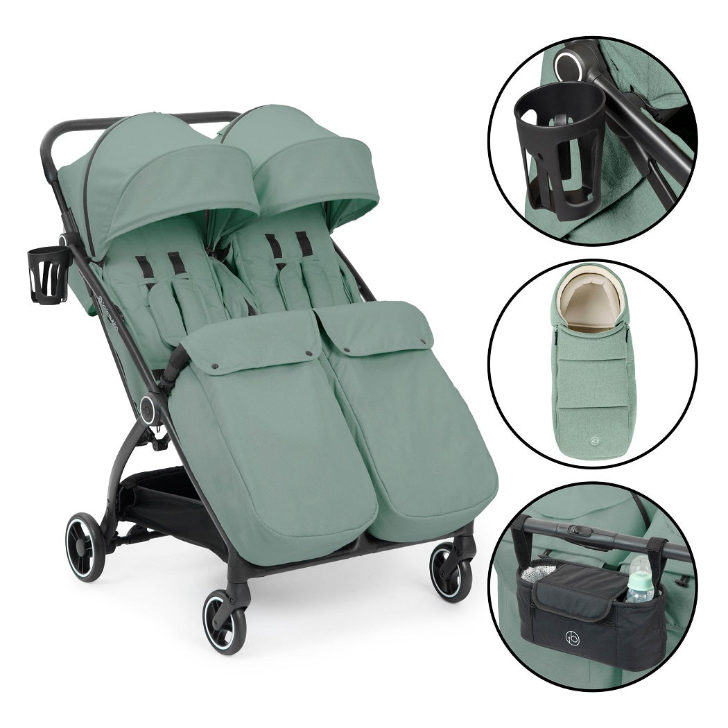 Ickle Bubba Aries Double Prime Auto-Fold Stroller - Sage Green - with included footwarmers, cup holder, cocoon and organiser