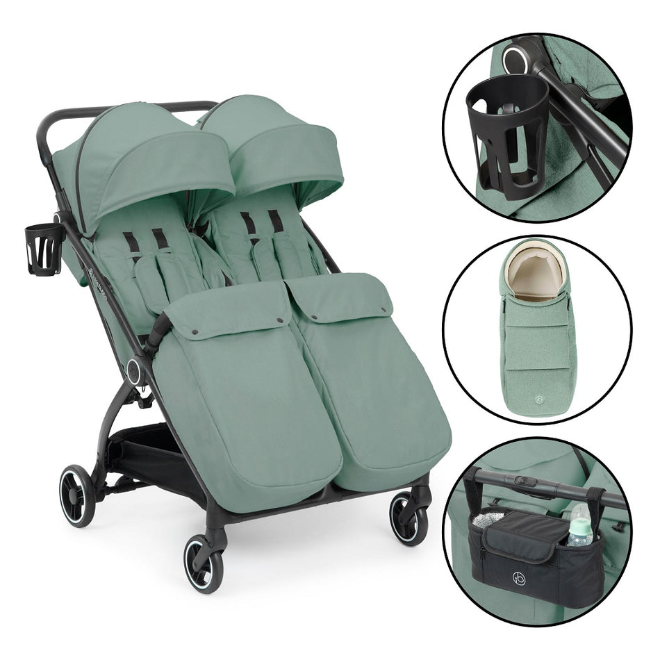 Ickle Bubba Aries Double Prime Auto-Fold Stroller - Sage Green - with included footwarmers, cup holder, cocoon and organiser