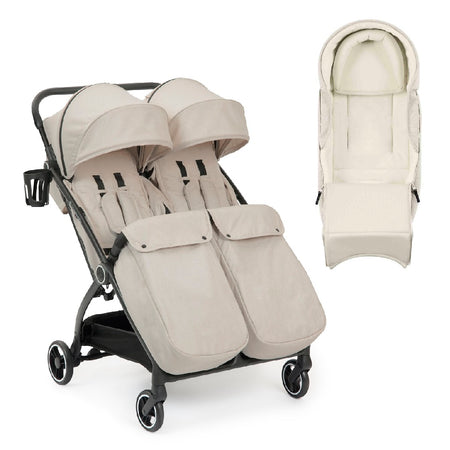 Ickle Bubba Aries Double Prime Auto-Fold Stroller - Stone - with included footwarmers and newborn cocoon