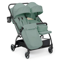 Ickle Bubba Aries Double Prime Auto-Fold Stroller - Sage Green - with footwarmer and newborn cocoon