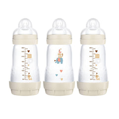 MAM Easy Start Self-Sterilising Anti-Colic Bottle Starter Set (White) - showing the front and back of the 260ml bottles (character design may be different from that pictured)
