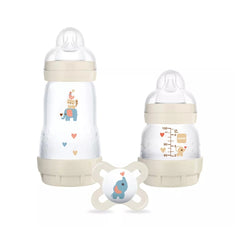 MAM Easy Start Self-Sterilising Anti-Colic Bottle Starter Set (White) - showing the front of the 260ml bottle, the back of the 160ml bottle and the matching soother (character design may be different from that pictured)