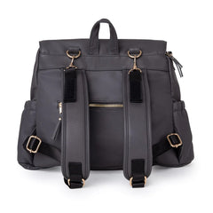 Bizzi Growin Lilli Changing Backpack (Vegan Leather - Smoke Grey) - showing the backpack`s adjustable shoulder straps, carry handle and detachable hook-and-loops straps