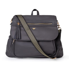 Bizzi Growin Lilli Changing Backpack (Vegan Leather - Smoke Grey) - showing the front of the backpack and the included detachable woven shoulder strap