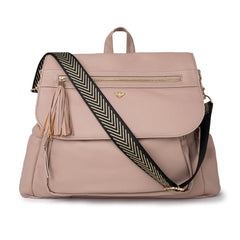 Bizzi Growin Lilli Changing Backpack (Vegan Leather - Frappe) - showing the front of the backpack with the included detachable woven shoulder strap