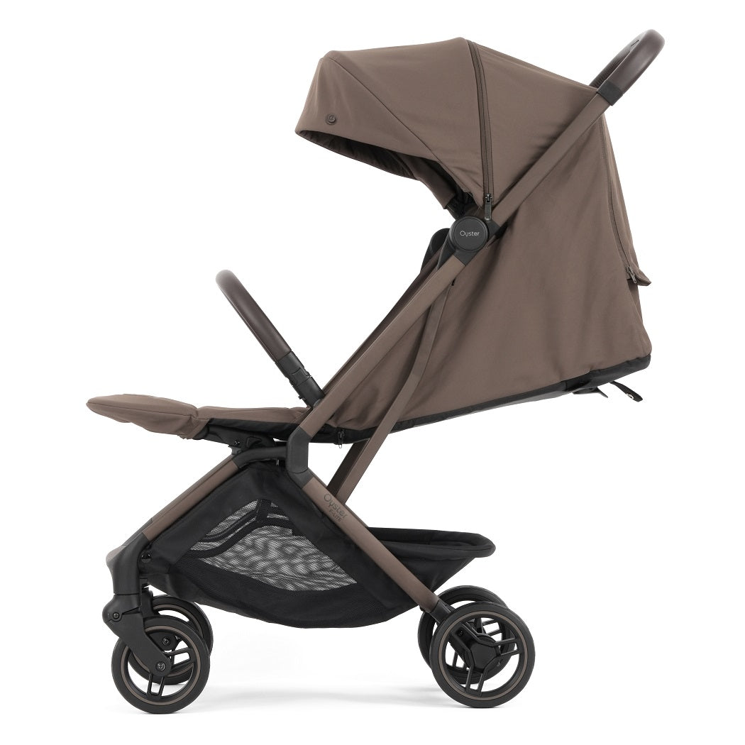 Oyster F-Lite Stroller - Chocolate - side view with seat reclined and calf rest raised