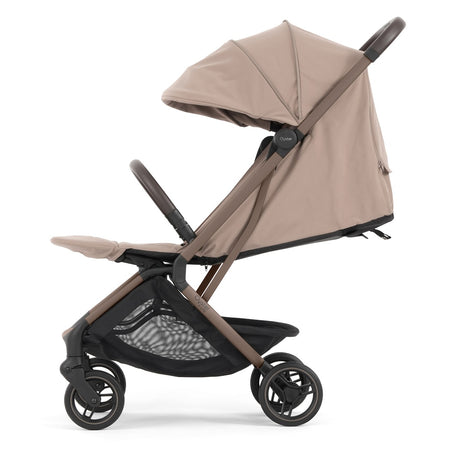 Oyster F-Lite Stroller - Taupe - side view with seat reclined and calf rest raised