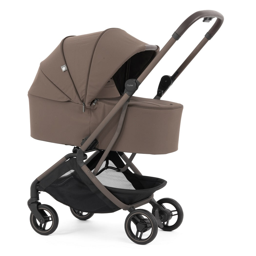 Oyster F-Lite Carrycot - Chocolate - shown as a pram with the F-Lite chassis (matching stroller available separately)