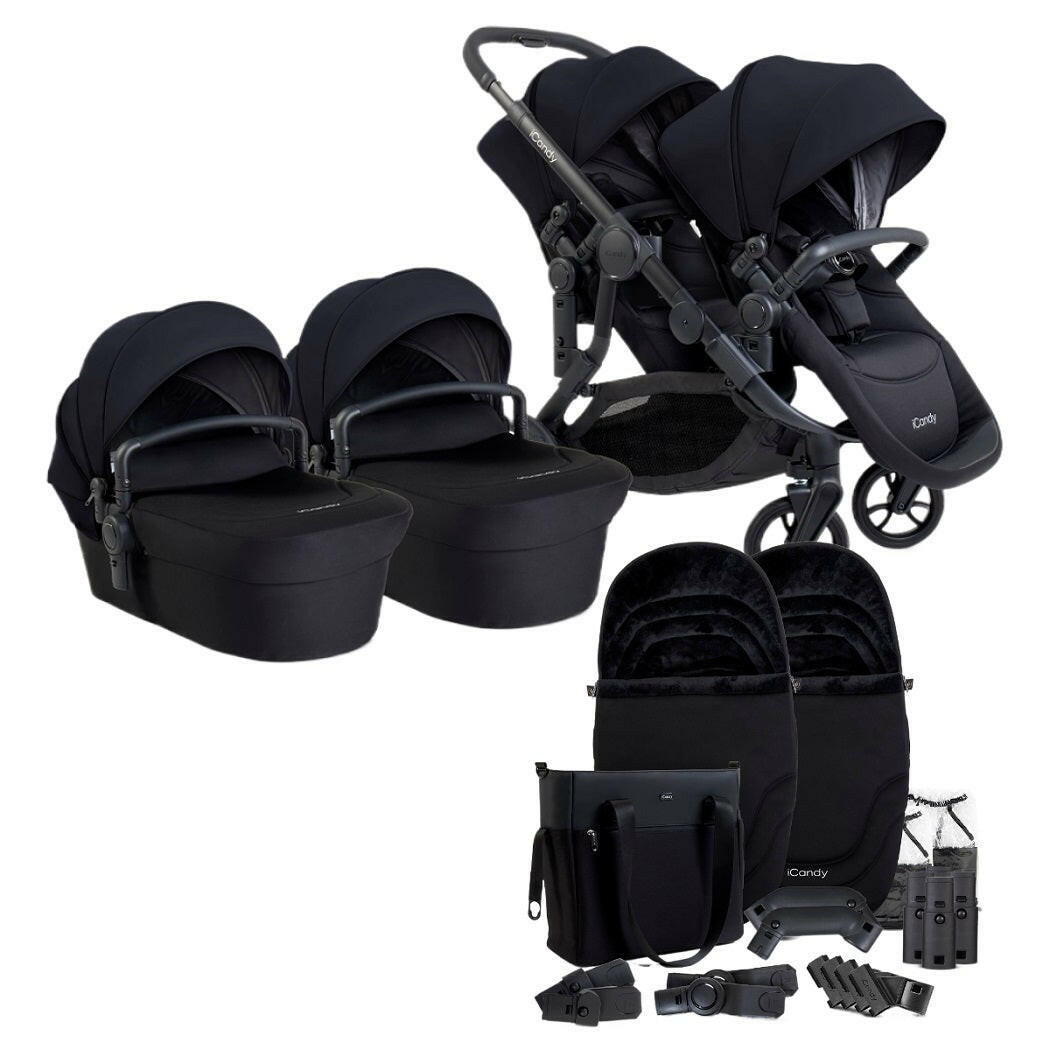 iCandy Orange 4 Twin Bundle - Black Edition - showing the pram pushchair with two seat units, two carrycots, two footmuffs and a changing bag plus accessories