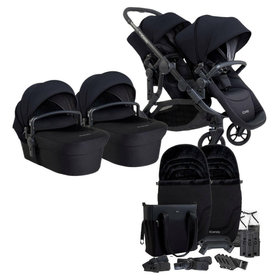 iCandy Orange 4 Twin Bundle - Black Edition - showing the pram pushchair with two seat units, two carrycots, two footmuffs and a changing bag plus accessories