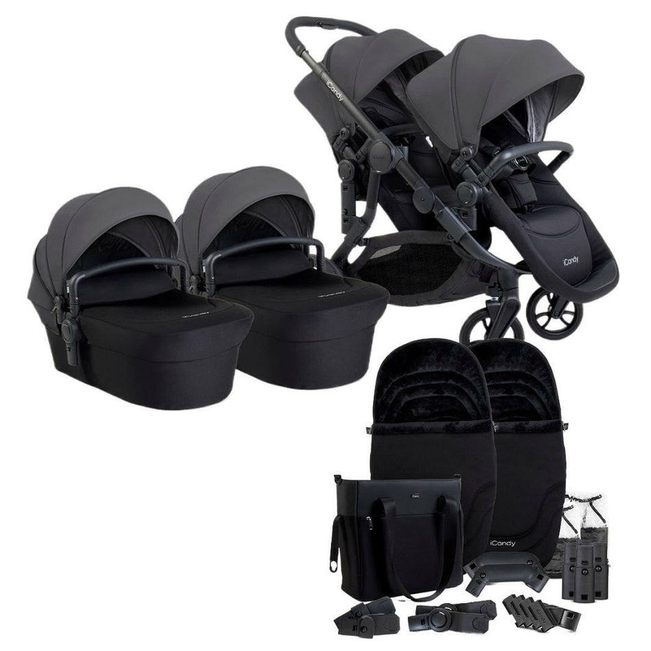 iCandy Orange 4 Twin Bundle - Fossil - showing the pram pushchair with two seat units, two carrycots, two footmuffs and a changing bag plus accessories