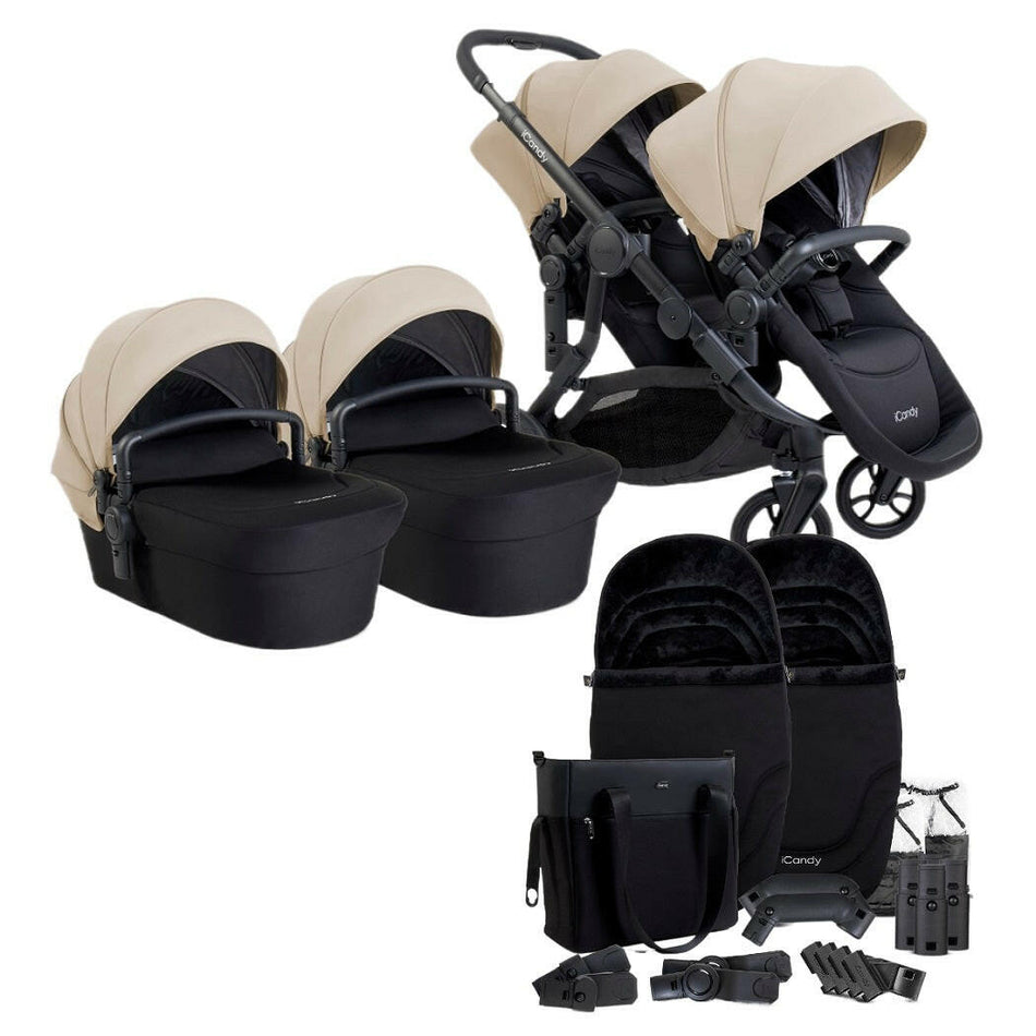 iCandy Orange 4 Twin Bundle - Latte - showing the pram pushchair with two seat units, two carrycots, two footmuffs and a changing bag plus accessories