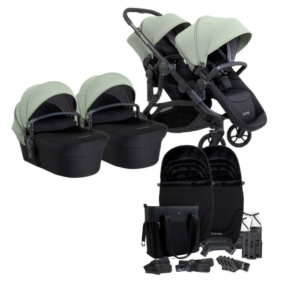 iCandy Orange 4 Twin Bundle - Pistachio - showing the pram pushchair with two seat units, two carrycots, two footmuffs and a changing bag plus accessories