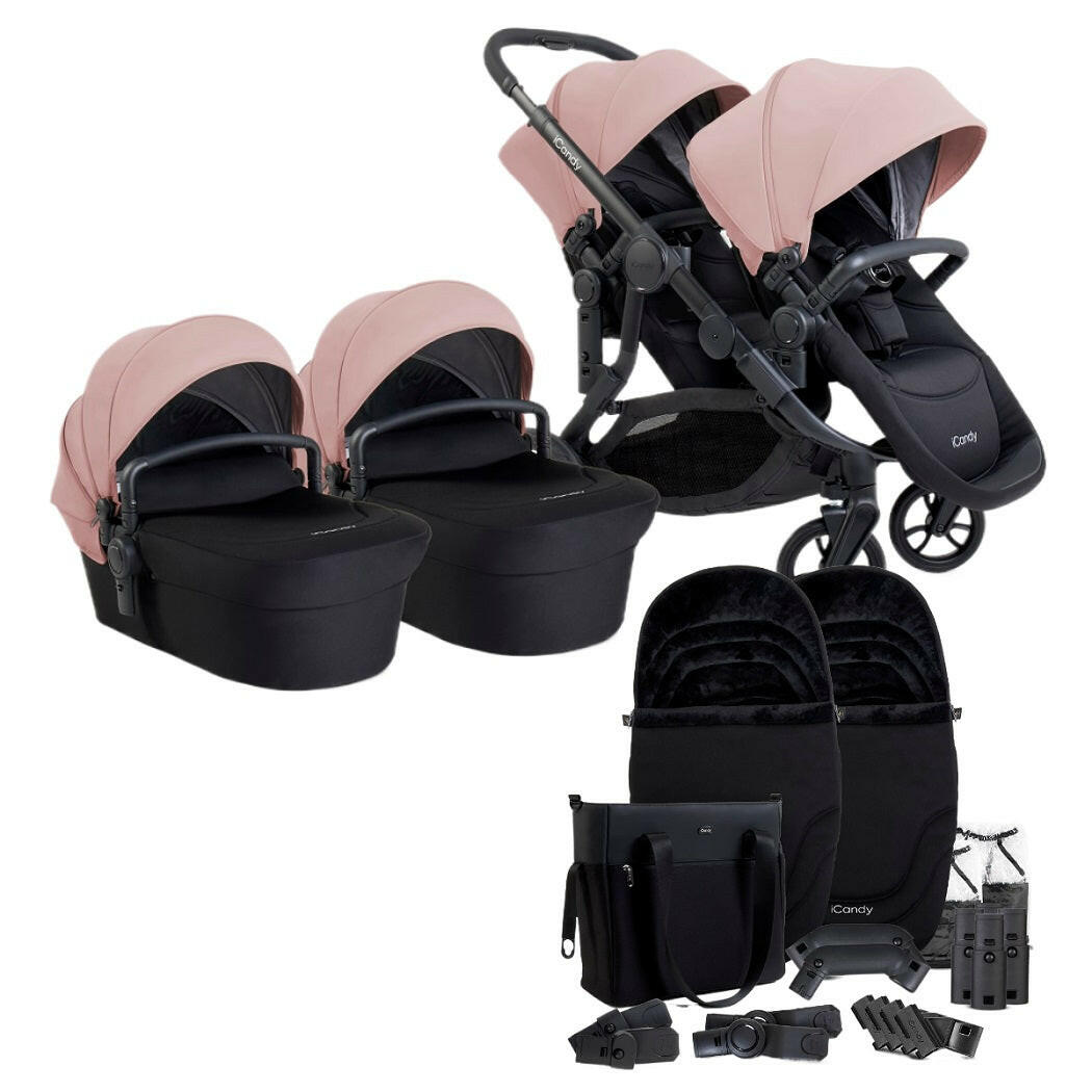 iCandy Orange 4 Twin Bundle - Rose - showing the pram pushchair with two seat units, two carrycots, two footmuffs and a changing bag plus accessories