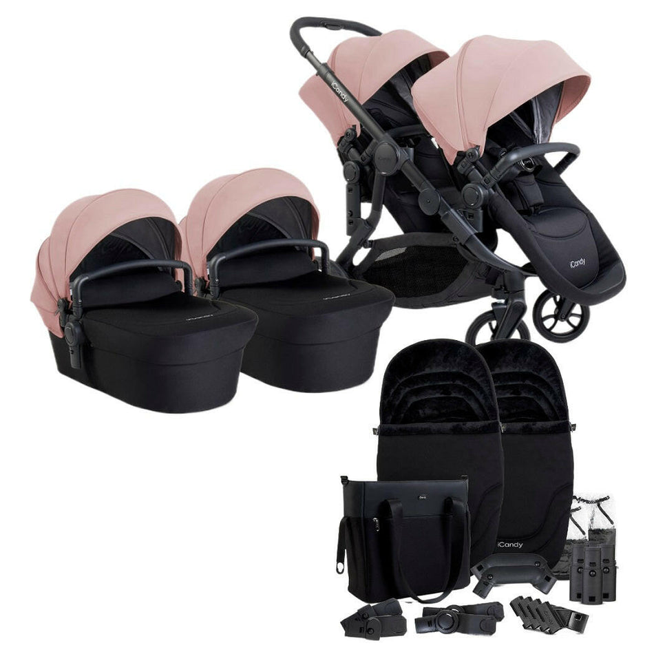 iCandy Orange 4 Twin Bundle - Rose - showing the pram pushchair with two seat units, two carrycots, two footmuffs and a changing bag plus accessories