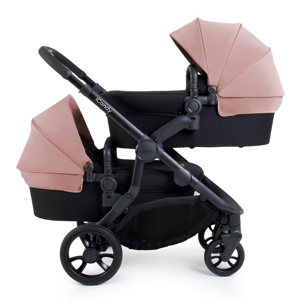 iCandy Orange 4 Twin Bundle - Rose - shown as the pram with two carrycots, one parent-facing and the other forward-facing