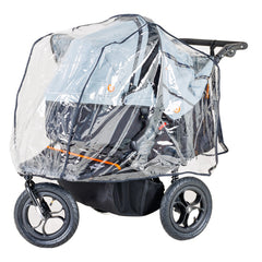 Out n About Nipper DOUBLE v5 Newborn & Toddler Starter Bundle (Rocksalt Grey) - showing the XL raincover fitted over the double pushchair and carrycot