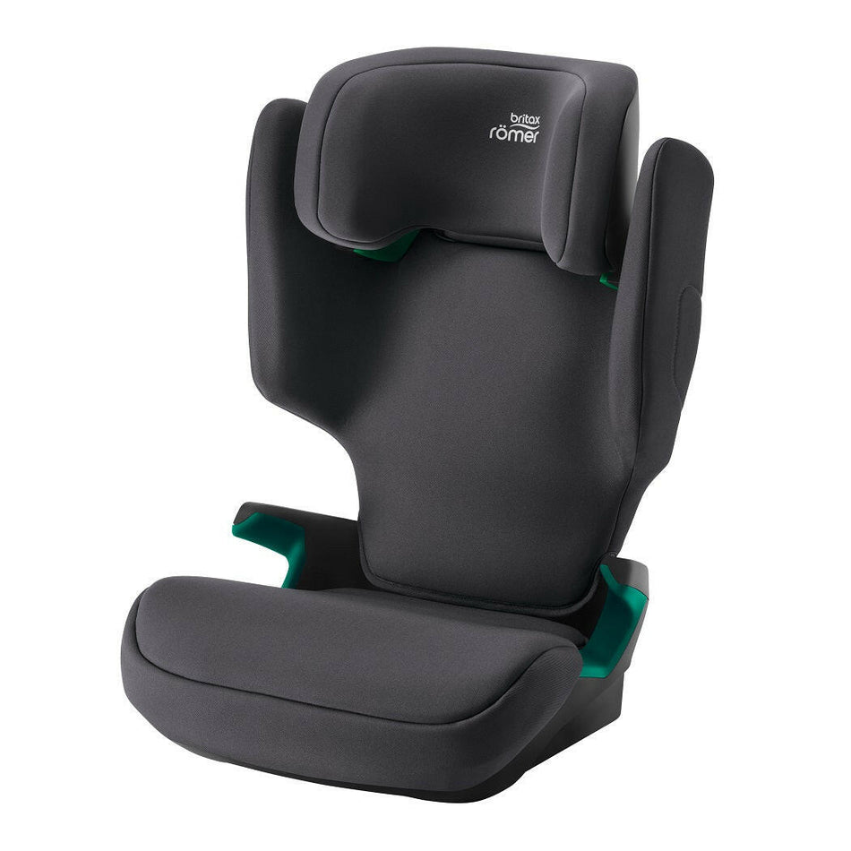 Britax Adventure Plus 2 i-Size Highback Booster Car Seat - Midnight Grey - quarter view, with seat belt guides