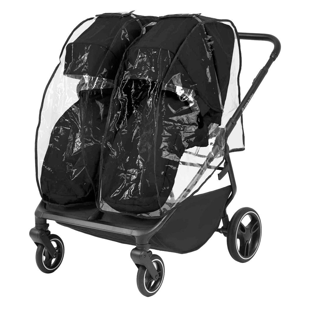 Ickle Bubba Altair Double Stroller - Black - forward-facing with raincover